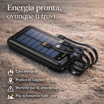 Power Bank Solare 10000 mAh con Cavi Integrati | Energia sempre con te 🔋