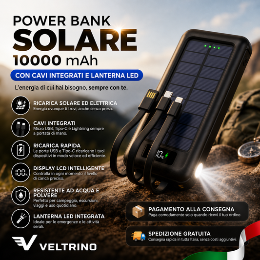 Power Bank Solare 10000 mAh con Cavi Integrati | Energia sempre con te 🔋